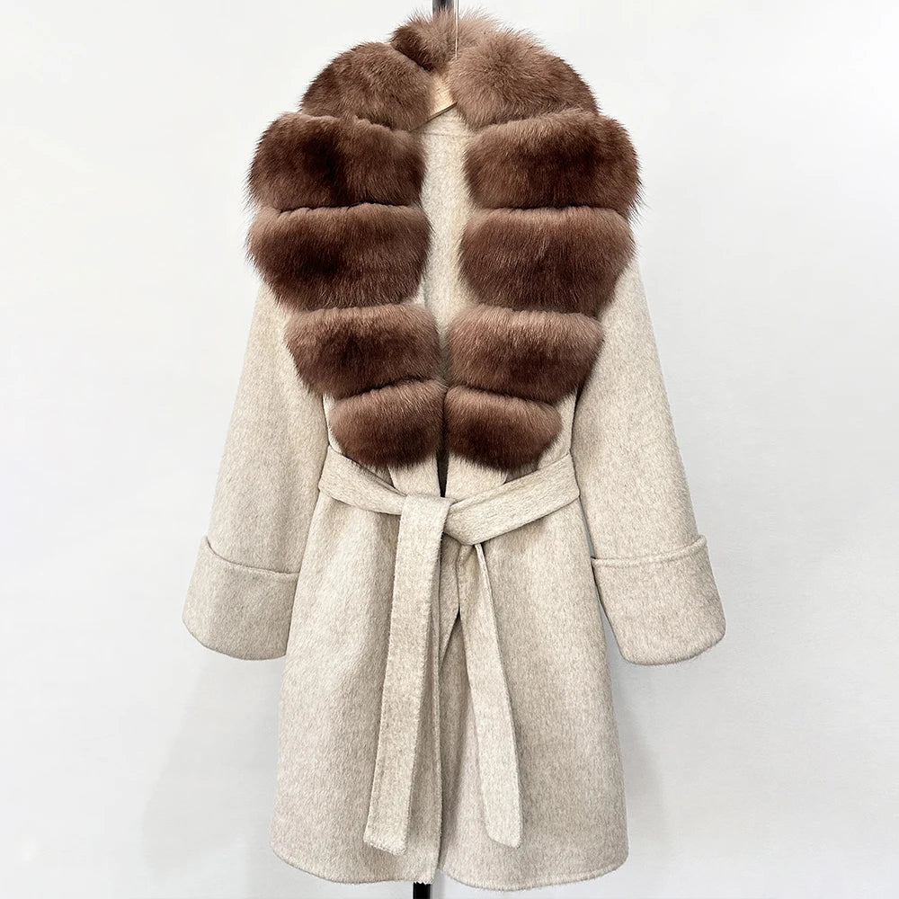 GENHUA 2025 New Winter Cashmere Wool Blends Women Natural Fox Fur Collar Cuffs Slim Fit Suit Double Sided Woolen Trench Coat