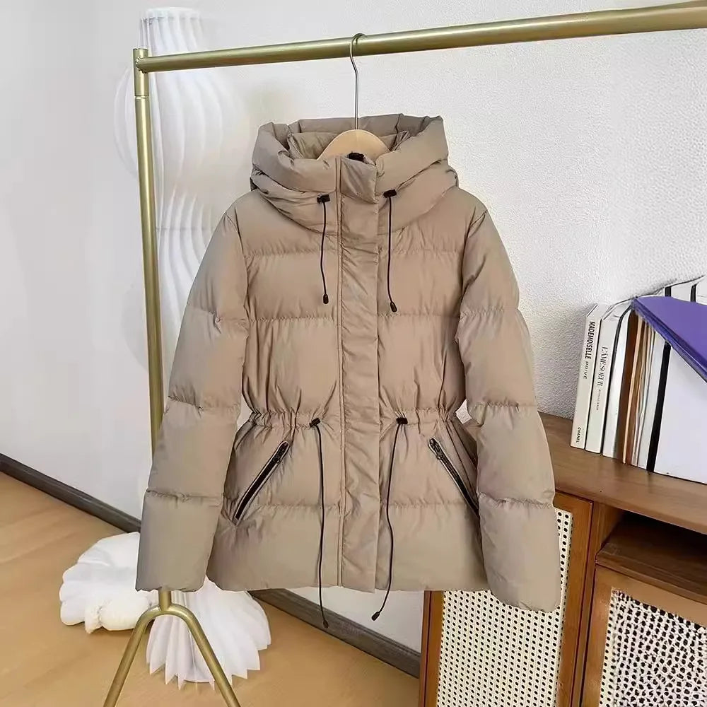 Winter Warm Hooded Coat Women's Mid-Length Waist Drawstring Jacket Windproof Thermal Outerwear
