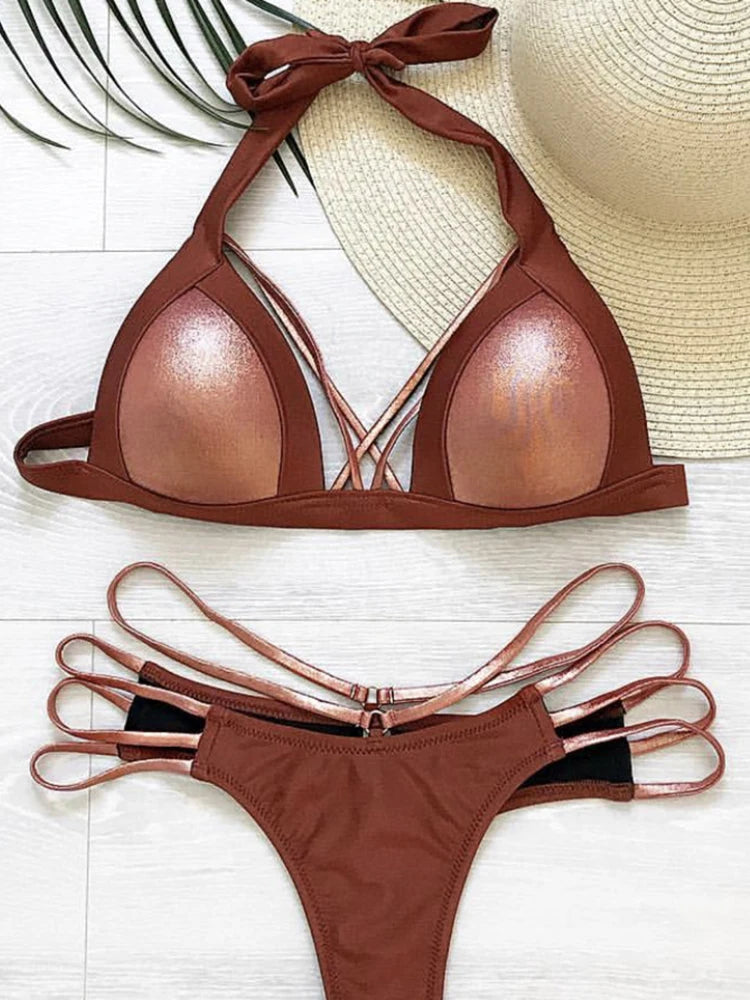 Sexy Halter Bra Cup Bikini Women Swimsuit Female Swimwear Two Pieces Bikini set Push Up Bather Bathing Suit Swim Lady