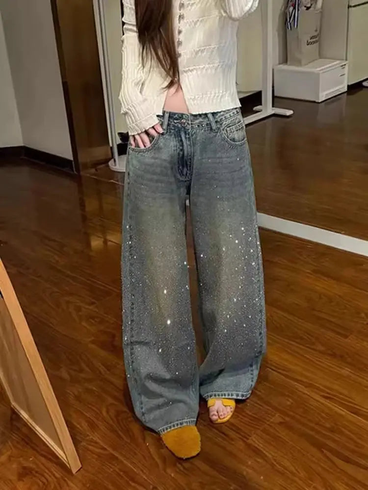 Women's Y2k Baggy Jeans Harajuku Vintage Rhinestone Denim Trousers Japanese 2000s Style Oversize Wide Jeans Long Pants Clothes