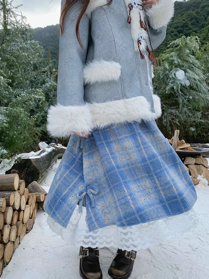 Japanese Blue Plaid Midi Skirt Women Fall Winter Sweet Bow Lace Patchwork Skirts Fashion High Waist Thicken Aesthetic Cute Skirt
