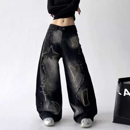 American Washing Embroidery Pattern Printing Machete Jeans Women Y2K New Street Hiphop Handsome Casual Joker Wide-leg Pants