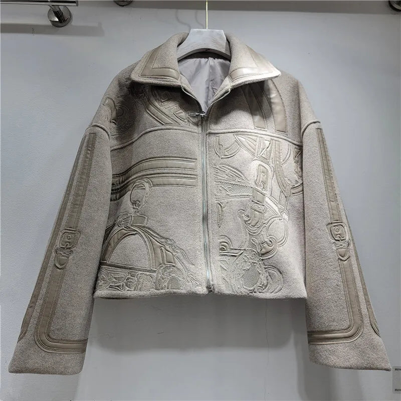 HKSH Autumn Winter New Women Short Woolen Jacket Heavy Embroidery Patchwork Contrast Color Zipper Streetwear Trendy Coat HK12891