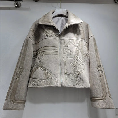 HKSH Autumn Winter New Women Short Woolen Jacket Heavy Embroidery Patchwork Contrast Color Zipper Streetwear Trendy Coat HK12891