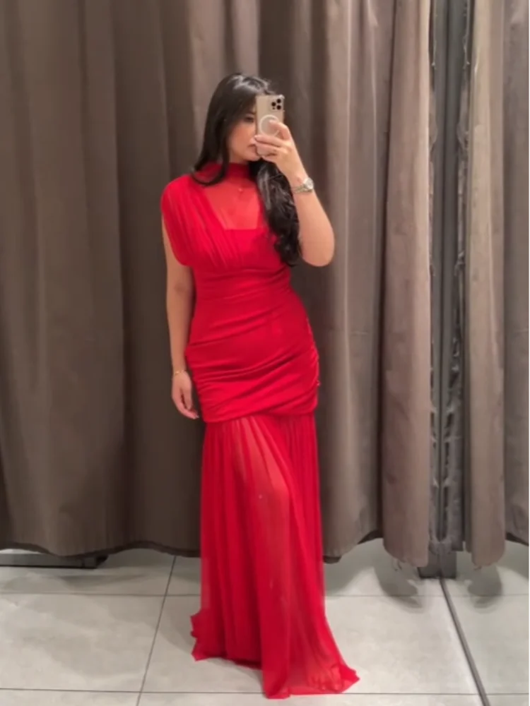 Sexy Red Pleated Mesh Long Red Dress Sleeveless See Through Patchwork A-line Party Dresses Female 2025 Summer Lady Slim Robes