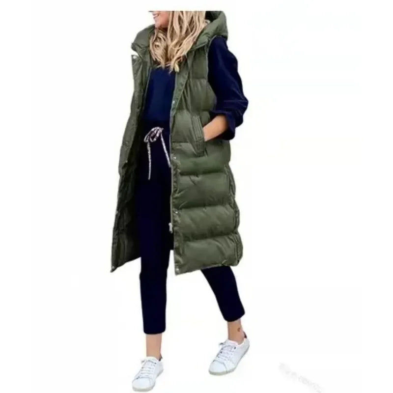 Women Autumn Winter Hooded Vest Coats Outwear Jacket Single-breasted Sleeveless Warm Solid Color Coats Parka