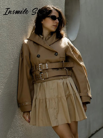 Street Hooded Double-buckle Belt Short Jacket Double Breasted Long Puff Sleeves Khaki Coat 2025 Autumn Lady Chic Outwear New