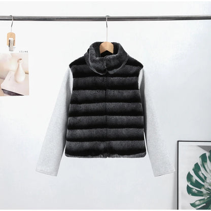 Vintage Faux Fur Patchwork Jacket For Women Fashion Knitted Long Sleeves Zipper Stand Coat 2025 Autumn Winter Female Streetwear
