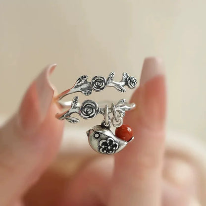 XIYANIK Vintage Red Bead Rose Flower Vine Bird Adjustable Finger Ring For Women Fashion New Jewelry Gift Party Wholesale anillos