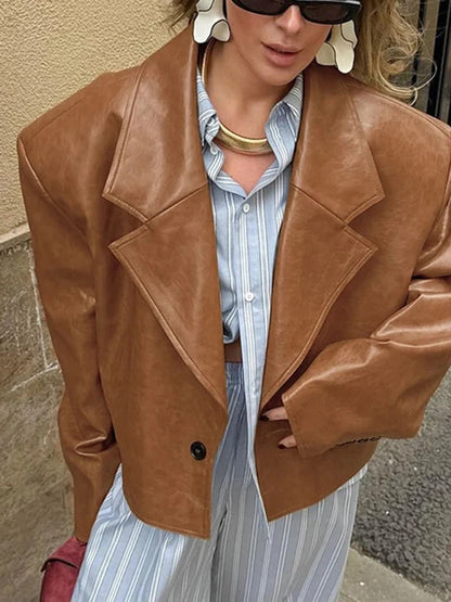 Aoaiiys Brown Jackets Women PU Leather Elegant Notched Collar Coat Buttons Long Sleeve Fashion Chic Outerwear Autumn Winter New