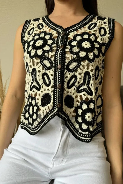 Floral Crochet Vest for Women Sheer Open-knit Flower Button Front Sleeveless Jacket Tank Top Summer Vacation Outfit