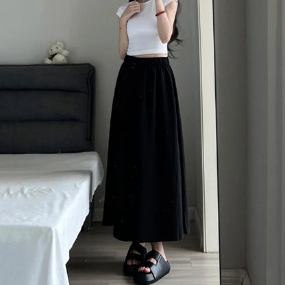 2025 New Women's High Elastic Waist Long Skirts Summer Solid Casual Loose Pleated Maxi Skirt Fashion Streetwear Big Swing Skirts