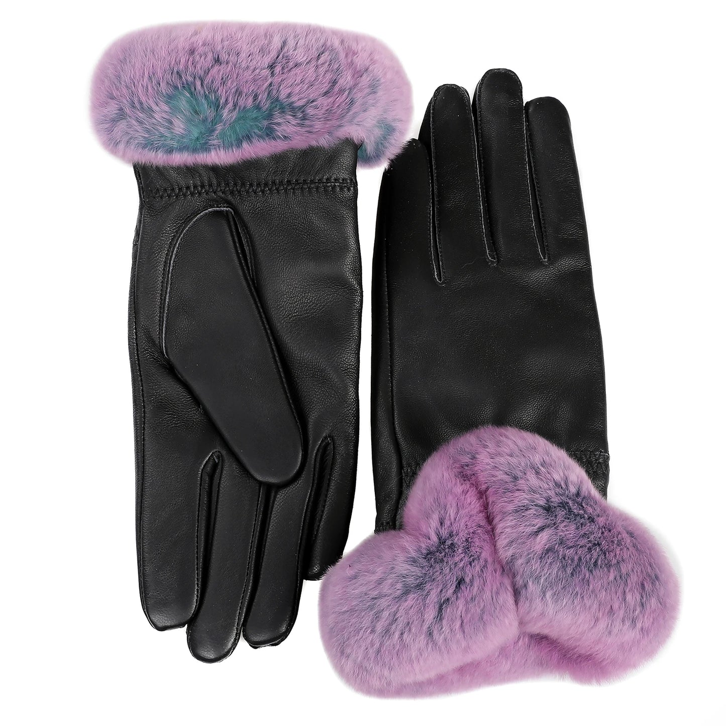 BOONJOVIA Elegant Women's Winter Warm Genuine Leather Gloves With Rex Rabbit Fur Trim Cuffs Velvet Lined