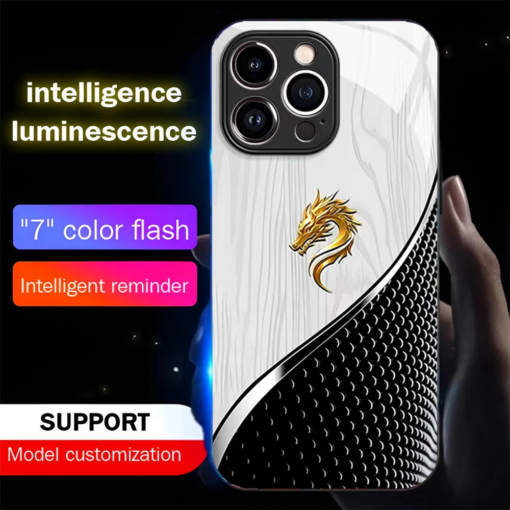 Wood Grain Dragon Emblem Sound Control LED Flash Cases Luminous Glass Cover For XiaoMi 15 14 13 12 11 Pro Ultra