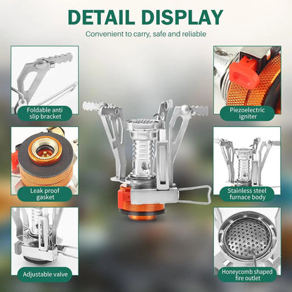Portable Camping Stoves Backpacking Stove with Piezo Ignition Stable Support Wind-Resistance Camp Stove for Outdoor Cooking