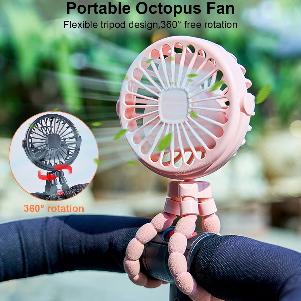 Portable Clip Fan Mini Stroller Fan USB Rechargeable Baby Stroller Octopus Fan 360° Rotate Outdoor Tripod Fan Small Clip Fan