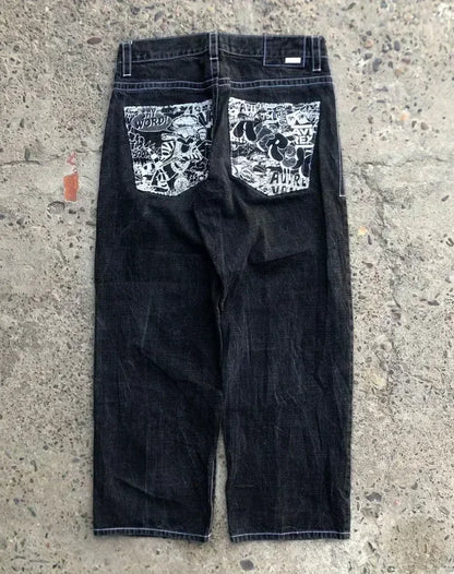 Retro British style print design sense patchwork rolled edge jeans high street casual loose wide-leg straight sports trousers