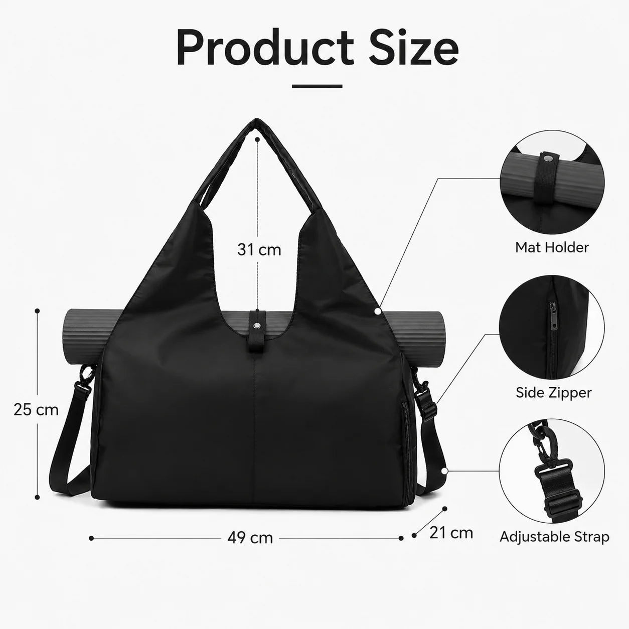 Yoga Mat Tote Bag with Mat Holder, Large Capacity Oxford Fabric Gym Bag with Adjustable Shoulder Strap for Women