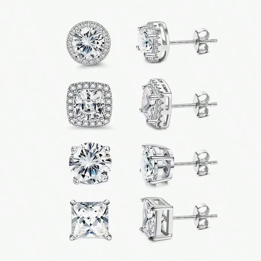 4-Piece Fashionable Micro-Inlaid Cubic Zirconia Women'S Stud Earrings, Gift For Festival