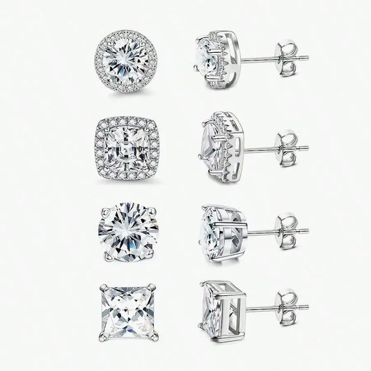 4-Piece Fashionable Micro-Inlaid Cubic Zirconia Women'S Stud Earrings, Gift For Festival