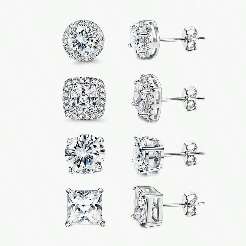4-Piece Fashionable Micro-Inlaid Cubic Zirconia Women'S Stud Earrings, Gift For Festival