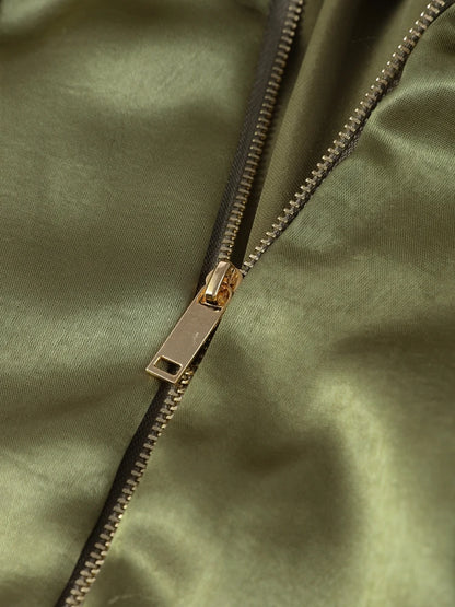 Pleated Zipper Green Oversize Jacket Women Long Lantern Sleeve Lapel Folds Elegant 2025 Spring Coat Street Commuter Lady Tops