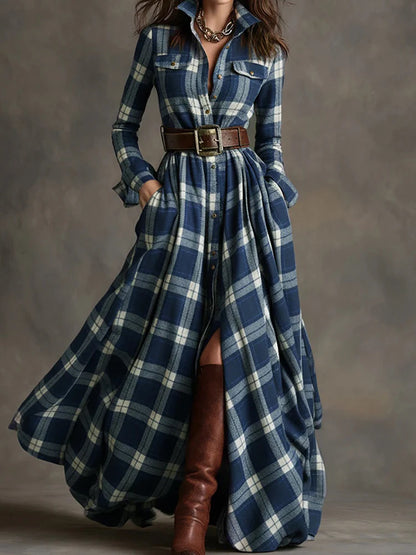 New Women's Lapel Plaid Printing Slim Fit Dress Autumn Long Sleeve Fashion Chic Party Dress with Buttons Elegant Ladies Dresses