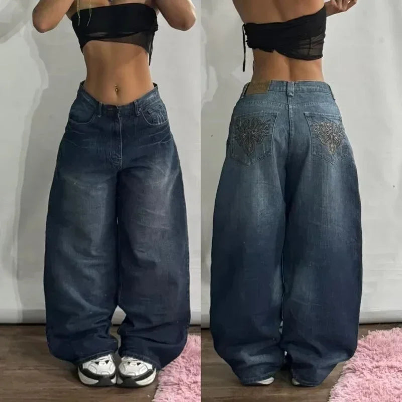 Streetwear New Fashion Red Crown Embroidered Baggy Jeans Women Y2K Gothic Harajuku Hip Hop Popular Casual Joker Couple Jeans