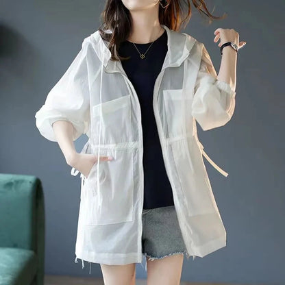 Summer Sunscreen For Women 2025 New Drawstring Waist Mid-length Thin Windbreaker UV Protection Cardigan Lightweight Trench Coat