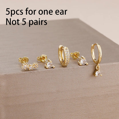 5PCS Stainless Steel Little Huggies Ear Stud Earrings Set For Women Tiny Crystal Zirconia Pendant Earrings Piercing Jewelry