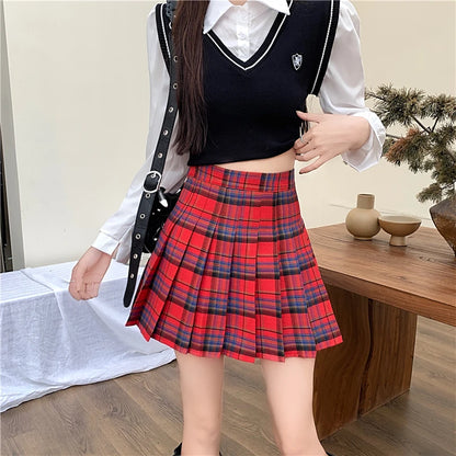 Y2K Tennis Mini Skirt Women Green Red Plaid Thick Wool High Waist Pleated Skirt Student Preppy Style Outfit Christmas