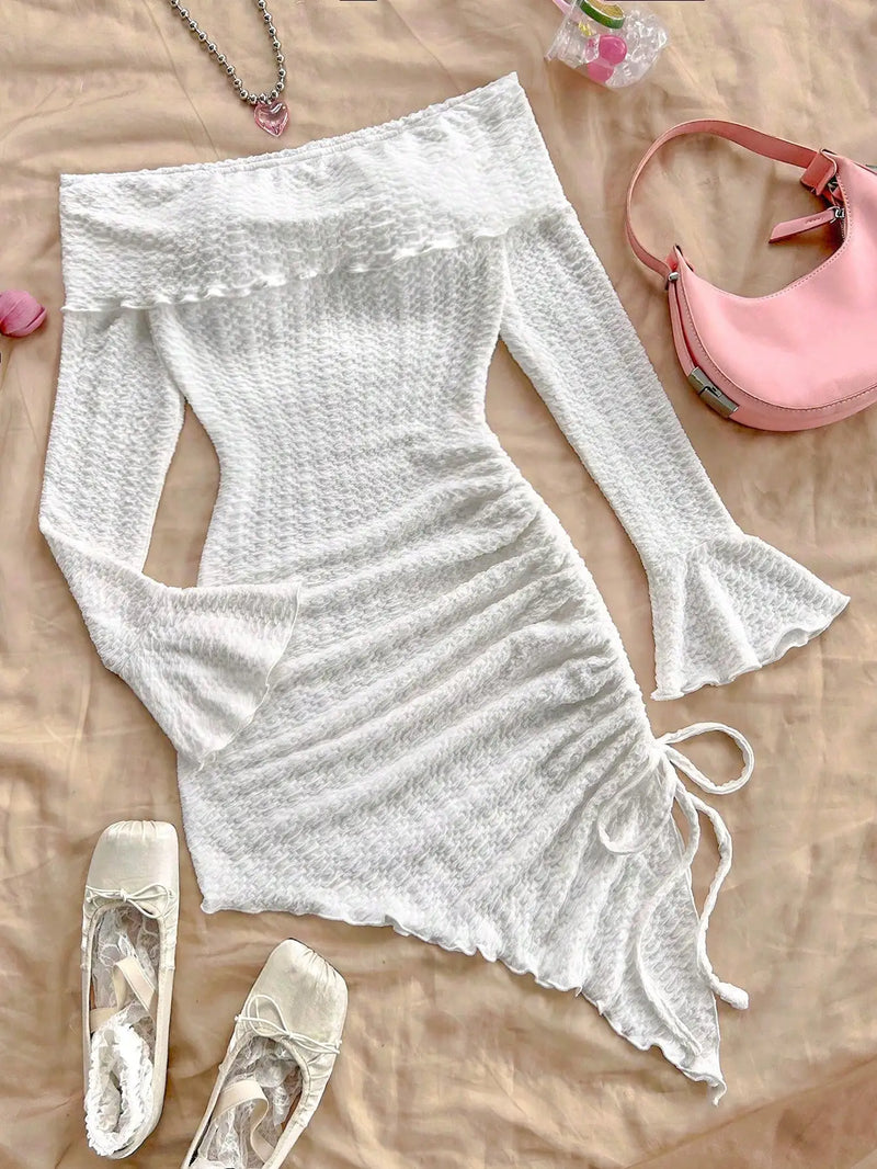 Spring and Summer Europe and the United States Style Pure Horn Long Sleeve Hollow Knit Smock Pleats Irregular Lazy Dress