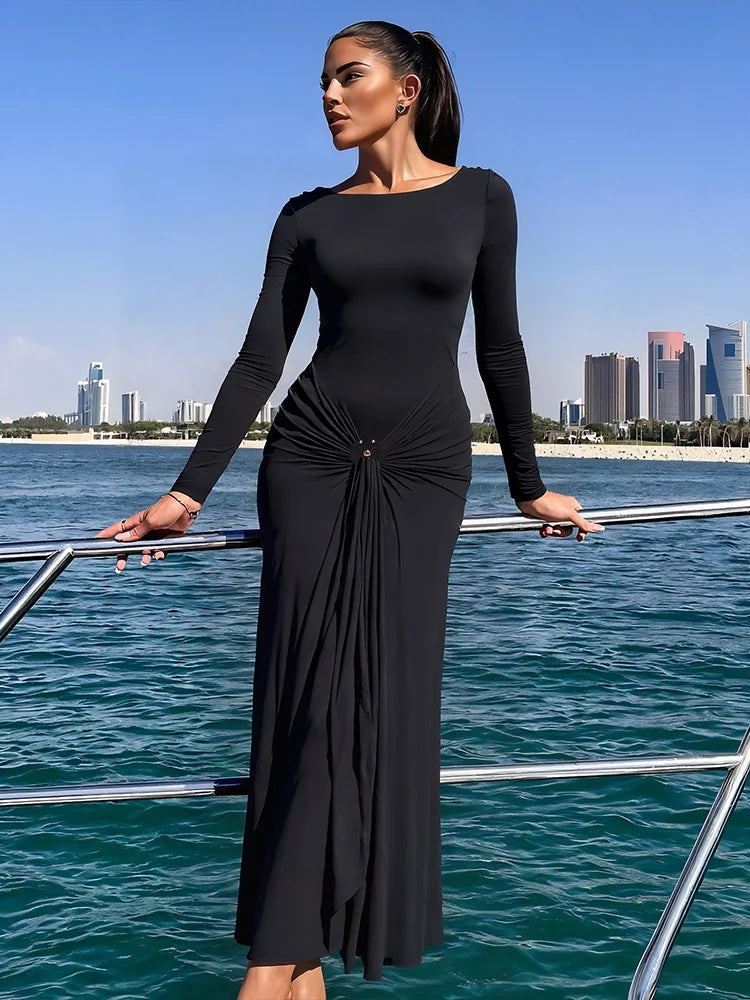 Sisterlinda Sequined Pleated Maxi Dress Classic Solid Full Sleeve Crew Neck Ribbons Sheath Long Robe Mujer Hipster Evening Wear