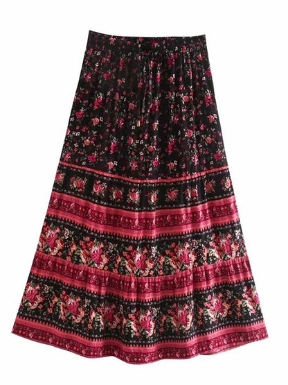 Multi Floral Print Ethnic Vintage Chic Women Beach Bohemian Skirt Ladies High Elastic Waist Rayon Cotton Boho Maxi Skirts