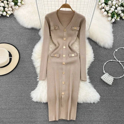 Sexy Split V-neck Long Sleeve Bodycon Dress Chic Elegant Evening Party French Fashion Knit Vestidos Women Autumn Pencil Dress