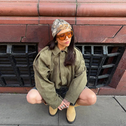 Casual Women's Suede Short Jacket Green Loose Lapel Long Sleeve Zipper Thick Coat 2025 Spring Lady High Street New in Outwears