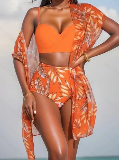 Elegant Printing 3 Piece Bikini Set Women Swimsuit Vintage High Waist Bikini Mesh Cover Up 2025 New Bathing Suit Biquini Female