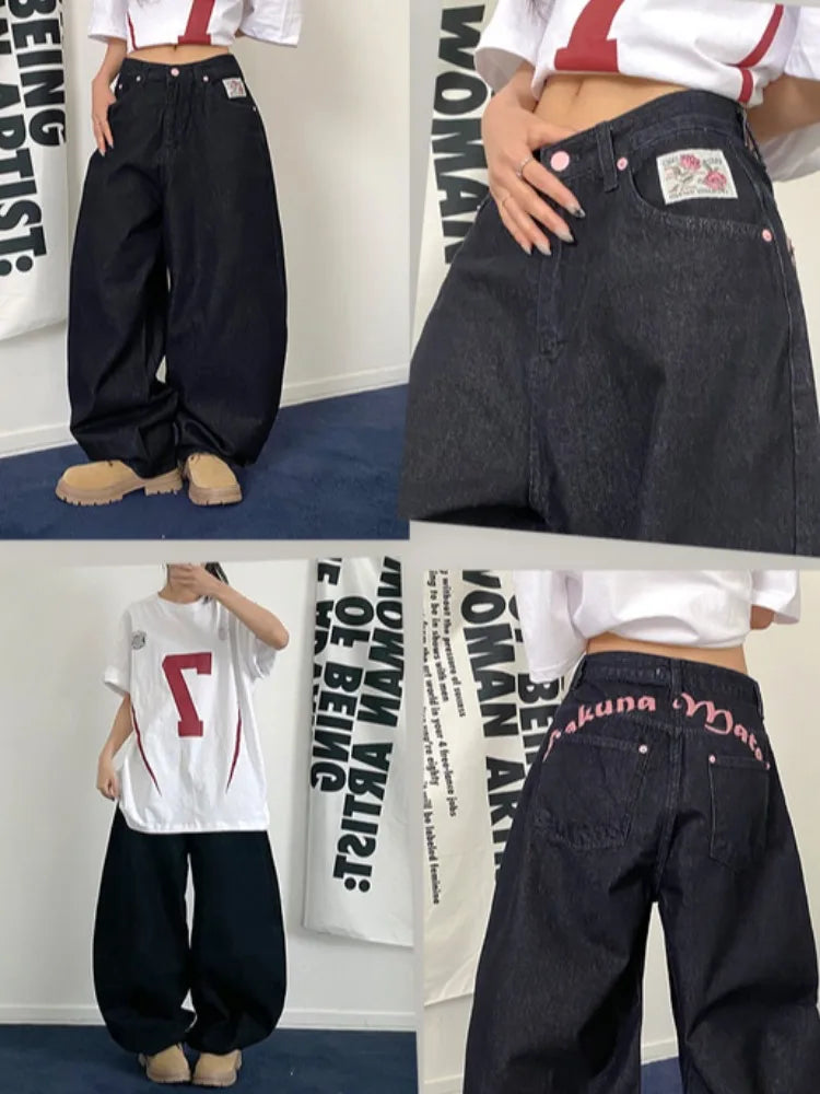 High Waist Straight Leg Bla Denim Jeans Women's Retro American Design kets Loose Fit Long Pants Slimming Effect