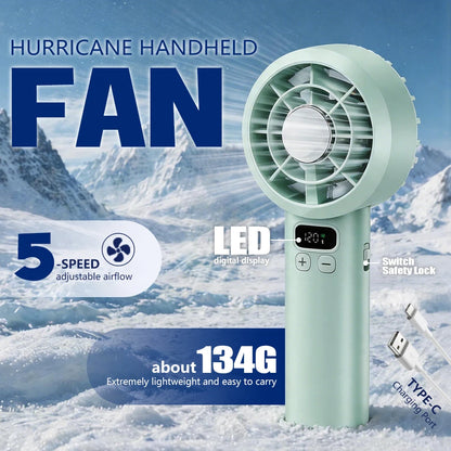 Portable Handheld Fan, 5 Speeds, LED Screen, Rechargeable Battery, Quiet Strong, 2-in-1 Desktop USB Fan for Home Office Travel