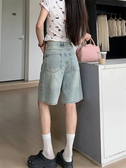 Trendy Women's Y2K High Waist Light Wash Oversized Denim Shorts Bermuda Length Wide Leg Trousers for 2026
