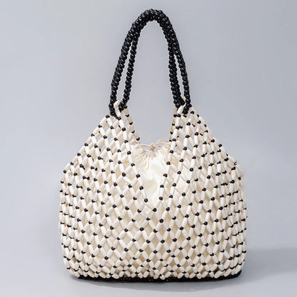 Simple Casual Handwoven Wooden Bead Handbag New Retro Versatile Summer Vacation Handheld Women's Shoulder Bags Water Bucket Bag