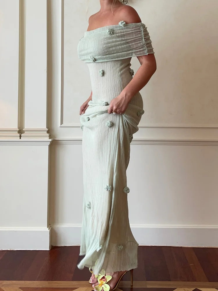 Chic 3D Flower Sleeveless Slim Maxi Dress Elegant Off Shoulder Knitted Long Dresses for Women 2025 Spring New Evening Party Robe