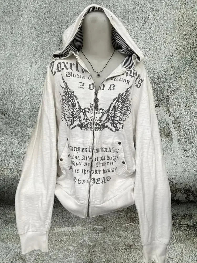 Vintage Sweatshirts 2024 Women's Clothes White Print Tunic Hooded Y2k Coat Streetwear Fashion Casual Hoodies Tops Ropa Mujer