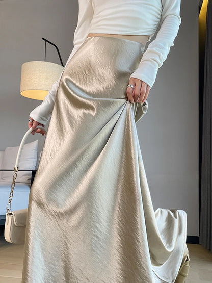 Spring Women's Long Skirts High-waist Luxury Satin Fishtail Skirt Ladies Elegant Loose Solid Gray Black A-line Skirts for Women