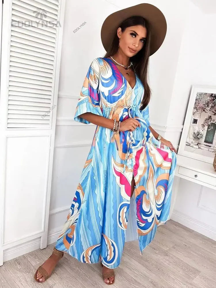 Bikini Cover-ups Boho Print Long Dress Self Belted Sexy Beach Tunic 2023 Summer Women Beach Wear Swim Suit Cover Up A932