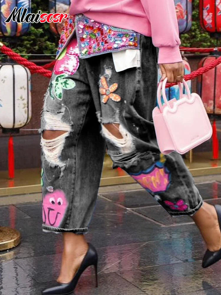Mlaiscsr Harajuku Print Diamond Patchwork Baggy Jeans Women Mid Waist Button Pocket Denim Wide Leg Pants y2k Birthday Trousers