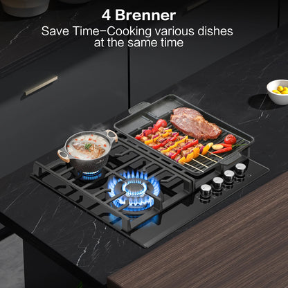 60cm Built-in Gas Hob 4 Burner | Flame Failure Protection & Cast Iron Grates | Black Glass Dual Fuel (NG/LPG)