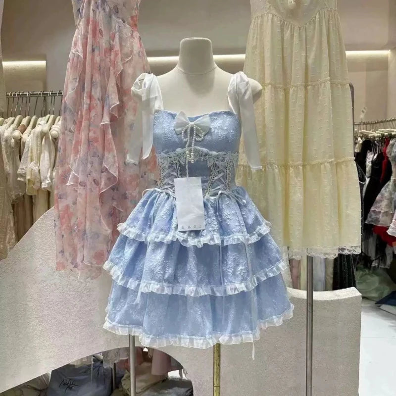 Summer Japanese Style Kawaii Lolita Dress Women Vintage Sweet Lace Bow Ruffles Cake Dresses Harajuku Y2k Slim Bandage Dress