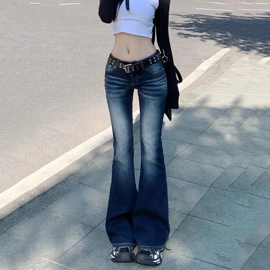American Vintage Low Waist Jeans Women High Street Y2K Pocket Micro Flared Pants Woman 2025 Dark Blue Denim Long Trousers Female