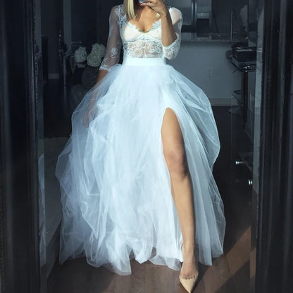 Women's Tulle Maxi Skirt Floor Length Layered High Waist Split Skirt A-Line Puffy Mesh Tutu Skirt for Elegant Lady Wedding Party